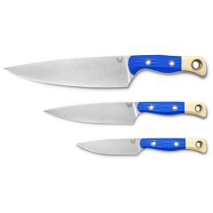 Benchmade Custom 3 Piece Cutlery Set Blue/White G10 Handle w/StoneWash Blade Finish