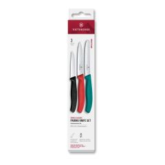 Victorinox Swiss Classic Paring Knife Set Kale Green/Red/Black Serrated/Plain, 3 Pieces - Box