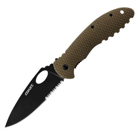 Coast DX625 Double Lock Tan w/Partially Serrated Black Blade - Blister