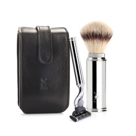 Muhle Travel Shaving Set 3 Piece SilverTip Fibre Brush w/Mach3 Safety Razor - Black Leather Case
