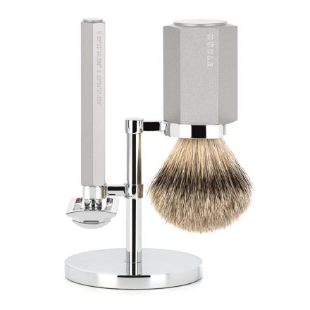 Muhle Shaving Set HEXAGON 3 Piece Silver Tip Badger Brush w/Safety Razor Silver