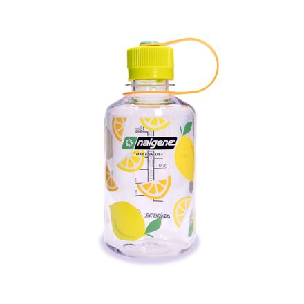 Nalgene Narrow Mouth Sustain Water Bottle Clear w/Lemon Print & Brown Cap 500 ml