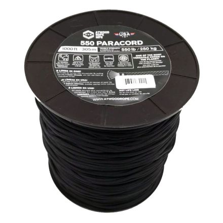 Paracord Spool w/1000ft Black 550 Paracord 7 Strand Core