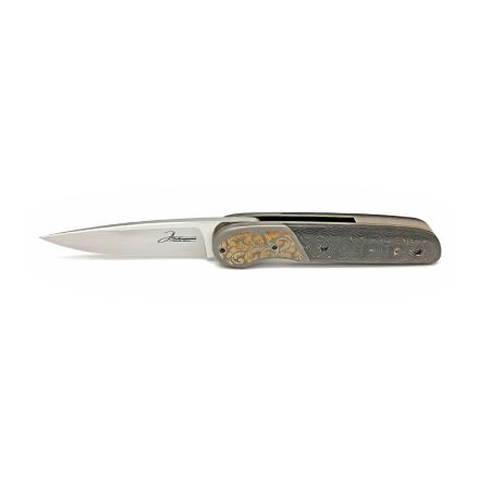 Jaco Schoeman LL Front Flipper Golden Raindrop Fat Carbon Handle w/Engraved Titanium Bolsters