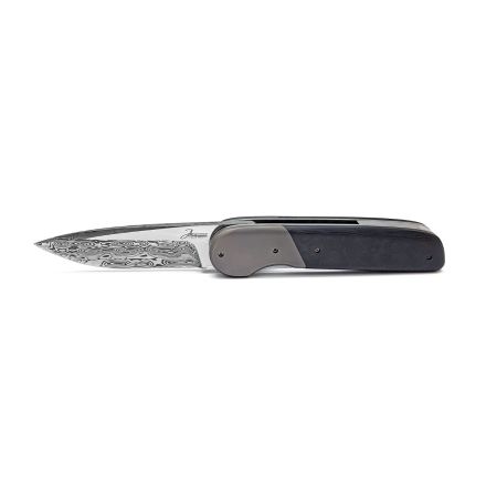 Jaco Schoeman LL Front Flipper Black Raindrop Carbon Fiber Handle w/Bifrost Damasteel Blade