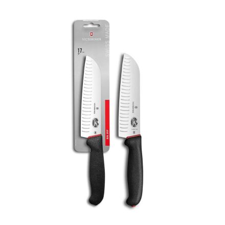 Victorinox Fibrox Dual Grip Santoku Knife Fluted Blade Black/Red - 17cm Blister